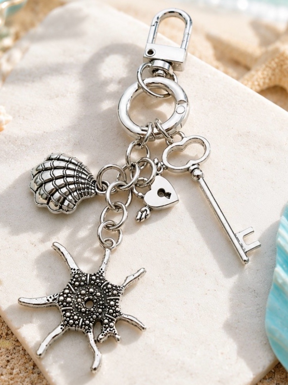 Silver Coastal Keychain Bag Charm Sea Snail Heart Lock Key Seashell Nautical NEW